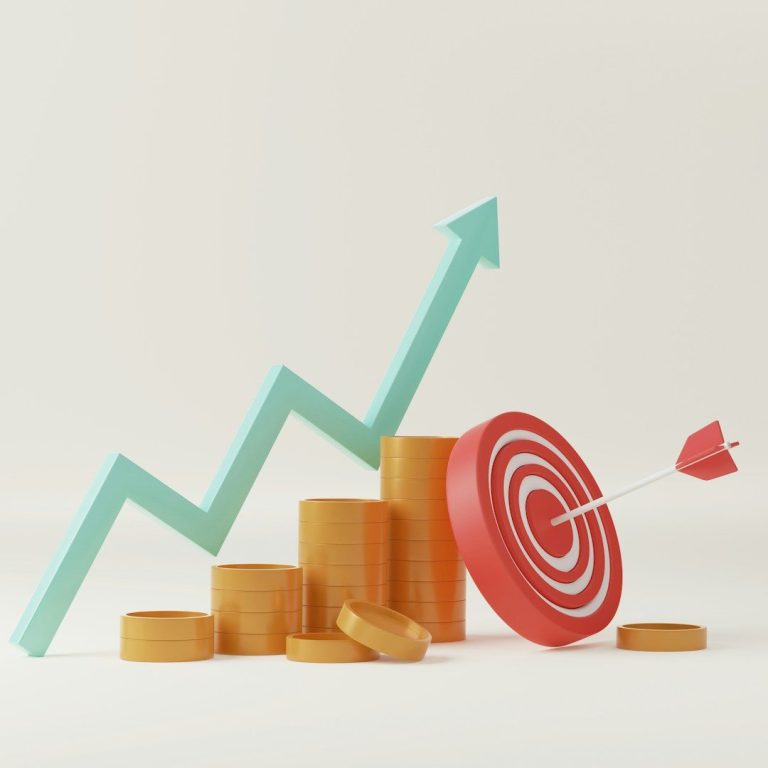 Wachsende Säulen aus Münzen mit einem Ziel und einem Pfeil, der das Ziel trifft.